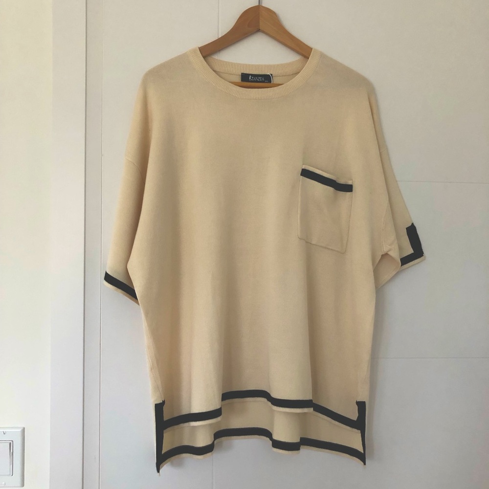 ZANZEA | Women’s Cream W/ Black Boarded Crewneck Short Sleeved Sweater